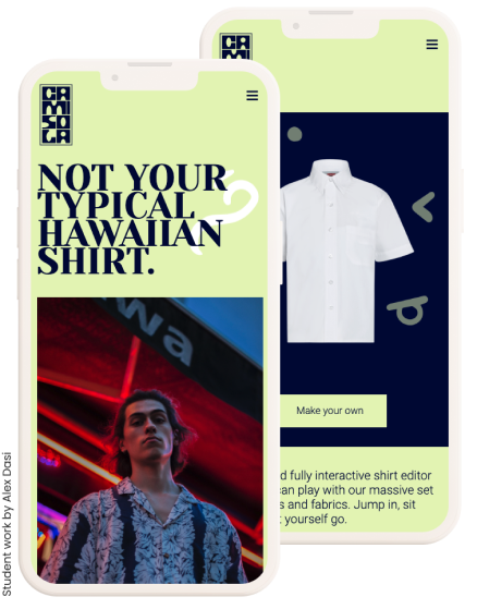 Pantalla de versión móvil de una tienda de camisas hawaianas con el eslogan 'Not your typical Hawaiian Shirt' del estudiante Alex Dasi.