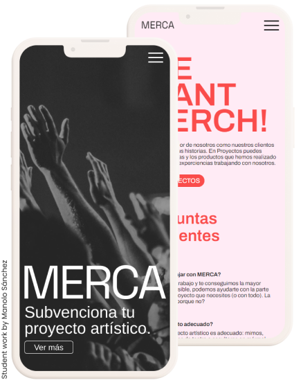 Captura de pantalla de la versión móvil de la web de 'Merca', mostrando el eslogan 'Subvenciona tu proyecto artístico' del estudiante Manolo Sánchez.