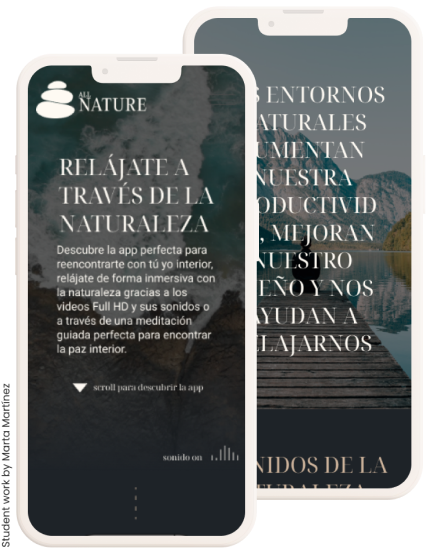 Pantalla de la versión móvil de la web de la app 'All Nature', mostrando el eslogan 'Relájate a través de la naturaleza' de la estudiante Marta Martínez.