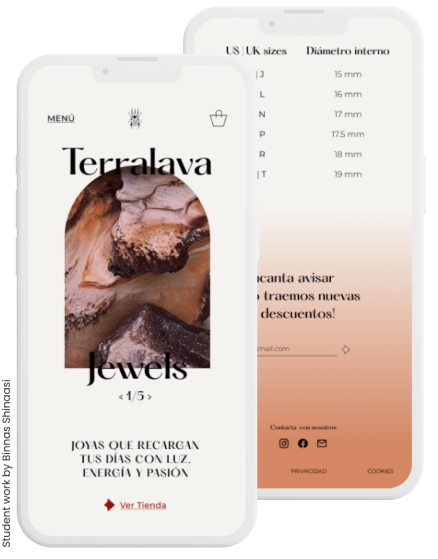 Pantalla de la versión móvil de la web de la tienda de joyas 'Terralava', mostrando el eslogan 'Joyas que recargan tus días con luz, energía y pasión' de la estudiante Binnas Shinaasi.