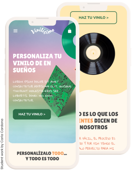 Captura de pantalla de la versión móvil de la web 'Vinilísimo', una tienda online para personalizar vinilos, proyecto de la alumna Carla Cardona.